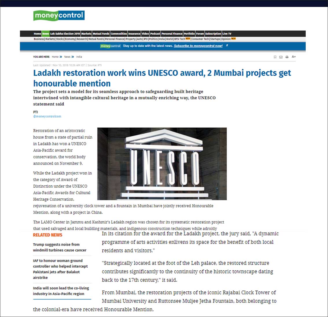 Ladakh restoration work wins UNESCO award, 2 Mumbai Projects get honourable mention, Moneycontrol - November 2018